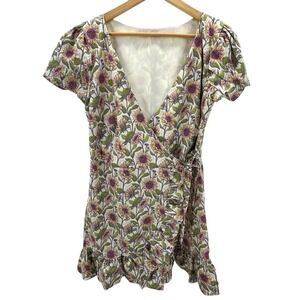 Floral Wrap Mini Dress‎ Ruffle Hem Short Puff Sleeve Sunflower Print Boho M